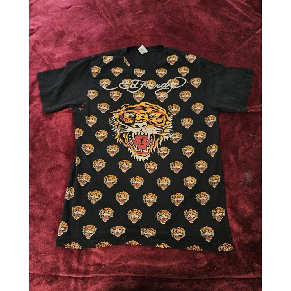 VTG/90s ED HARDY Tiger Print‎ Short Sleeve Shirt Black Orange Medium HOLLYWOOD